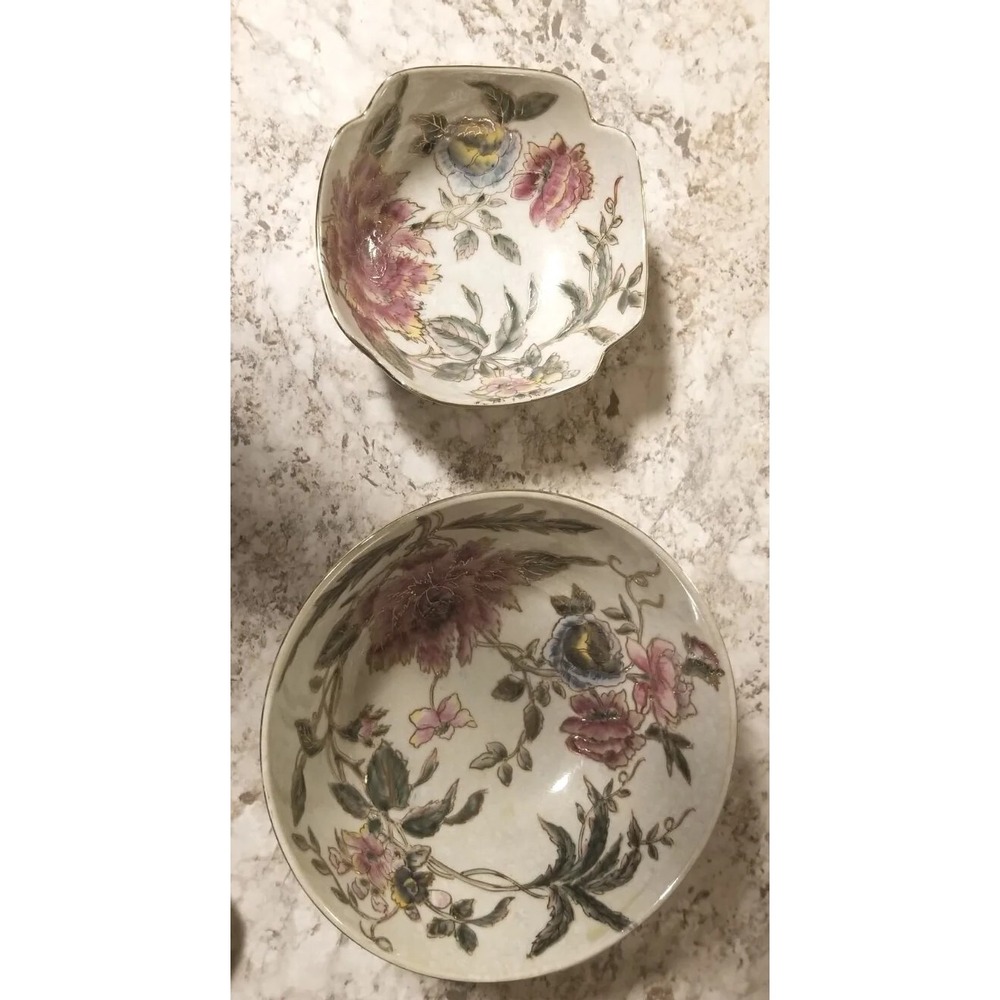 Vintage TOYO Hand Painted Floral Bowl Set Porcelain Chinese Cloisonné Pink Tulip